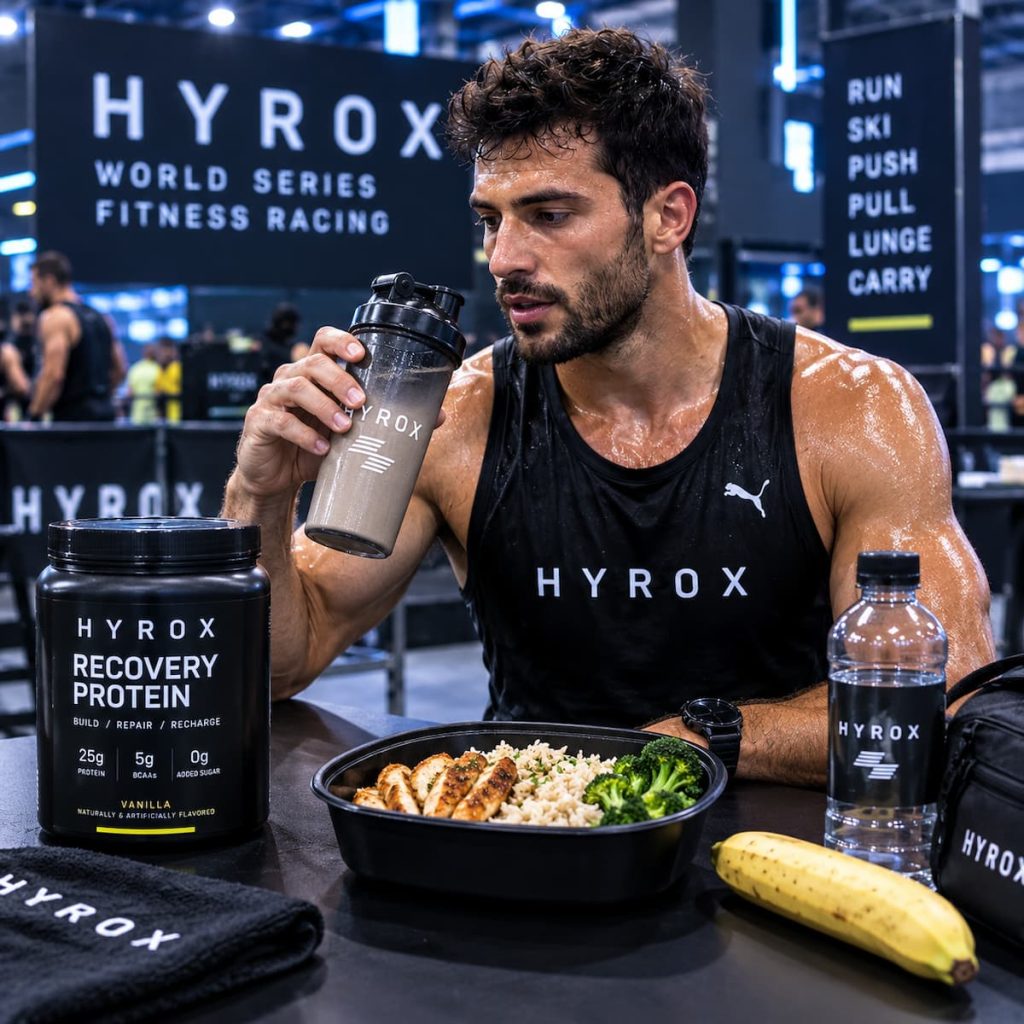 shake with a small meal of chicken and rice on a table — alt text hyrox post race recovery nutrition]