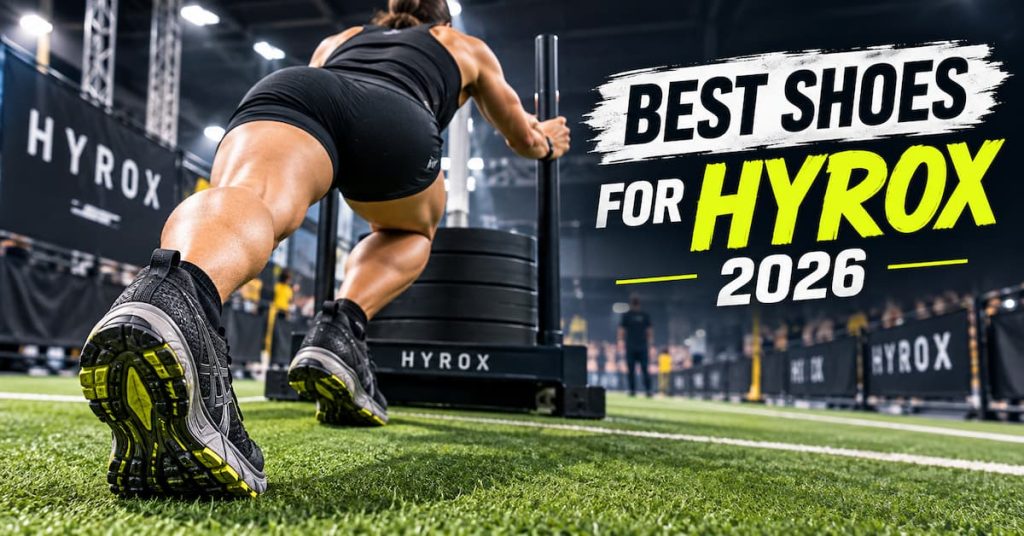 đź“· IMAGE 1: Featured image (1200x628). Ek athlete Hyrox-style turf par sled push kar raha hai, low angle, shoes focus mein, text overlay: BEST SHOES FOR HYROX 2026.